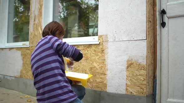 Female Worker Paints the Wooden Wall of the House