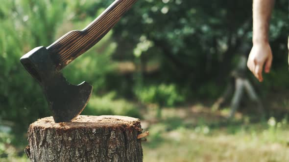 The guy throws an ax at a log. The ax plunges into the tree. Rest in a country house