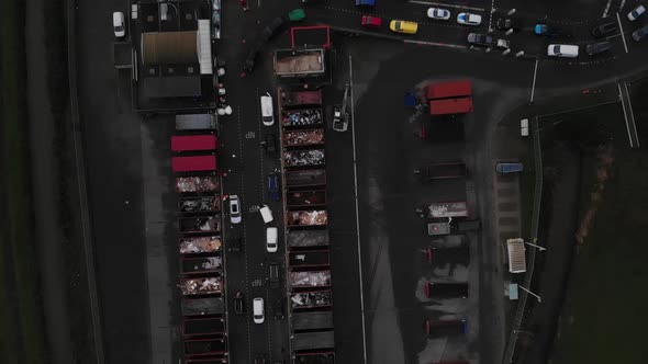 Top down shot of cars at recycling station in Netherland. Aerial. Top Down