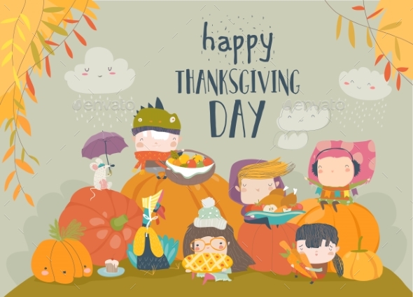 Cartoon Children Celebrating Thanksgiving Day