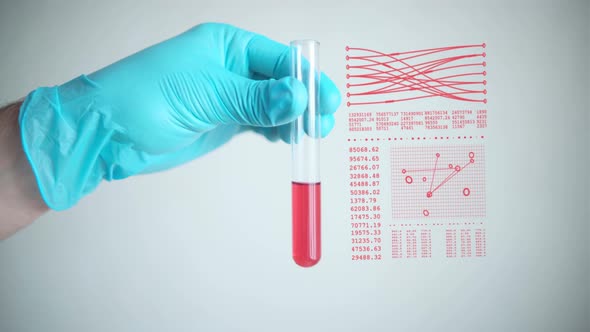 A scientist holds a test tube with an analysis and reagent