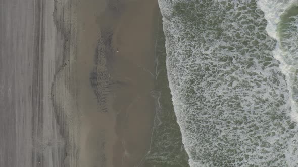 Aerial of frothy waves reaching beach