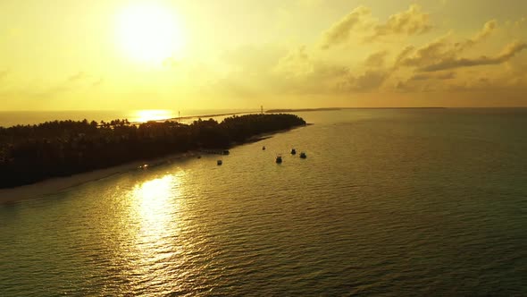 Aerial drone tourism of tropical resort beach time by blue green sea and white sand background of a 