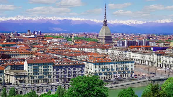 Turin, Torino, Aerial Timelapse Skyline Panorama with