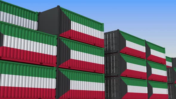 Container Terminal Full of Containers with Flag of Kuwait