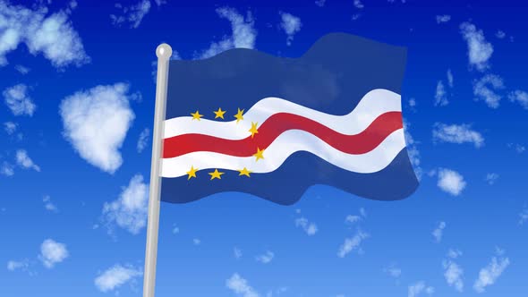 Flag Of Cape Verde Waving In The Sky With Cloud