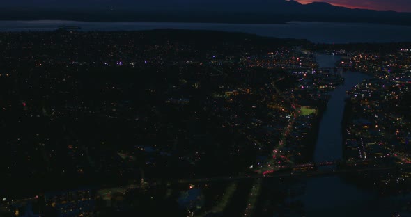 Seattle Aerial Lake Washington Ship Canal Bridge Ballard Locks Looking West Red Sunset Glow