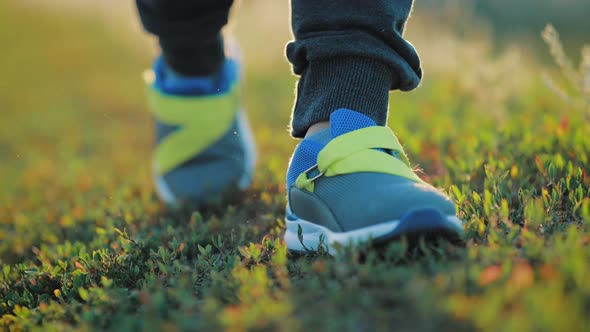 A Child in Bright Sneakers Walks on the Green Grass in the Meadow During Sunset