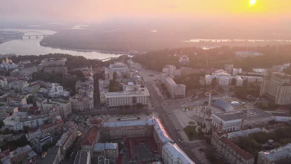 Kyiv Kiev Ukraine at Dawn in the Morning. Aerial View