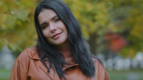 Portrait Young Beautiful Elegant Brunette Woman Standing in Autumn Park Overweight Girl Model Posing