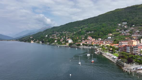 Aerial Drone Shot of the Town of Verbania, in the middle of the Lago Maggiore