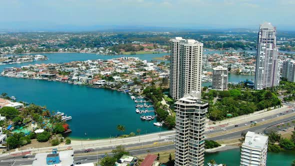 Surfers Paradise panning right to Main Beach, Macintosh Island, ,luxury apartments , and rolling sur