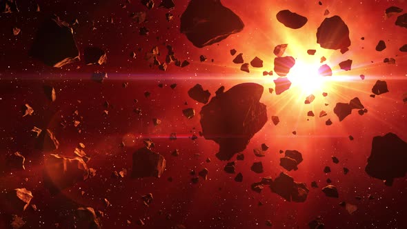 4K Asteroids Cluster In The Rays Of Red Sun alt