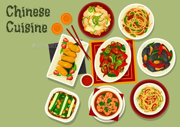 Chinese Noodles with Meat, Seafood and Veggies