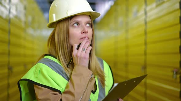 Beautiful Young Caucasian Woman in Hard Hat Thinking Filling in Paperwork Standing in Yellow