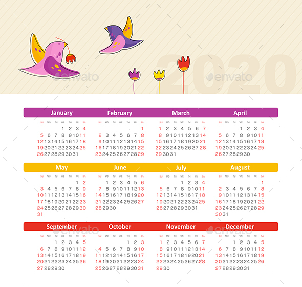 Vector Calendar 2020 with bird. Week Starts Sunday