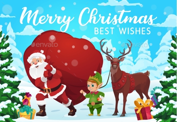 Santa Elf and Deer with Christmas Gifts