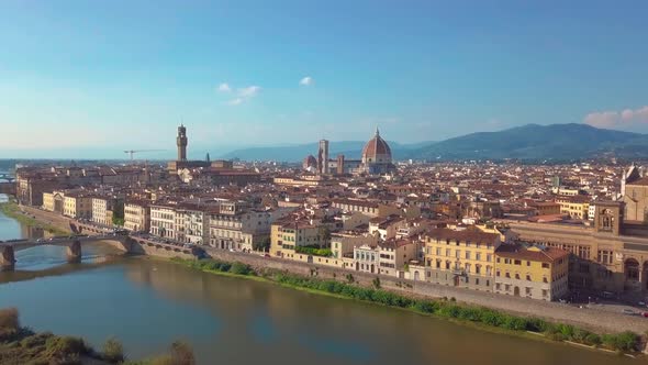 Aerial View. Florence Ponte Vecchio Bridge and City Skyline in Italy