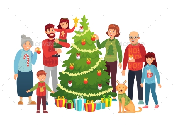 Cartoon Christmas Family Portrait Xmas Tree