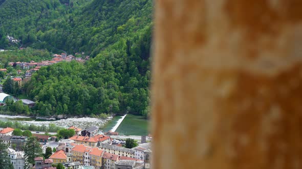 Aerial panoramic view of Varallo Sesia from the Sacred Mountain of Varallo, a christian devotional c