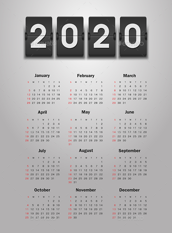 Calendar 2020 year. Week starts from Sunday