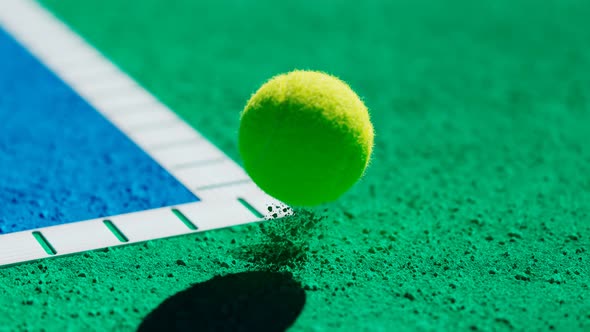 Slow-motion animation of a tennis ball hitting outside the court.The ball is out