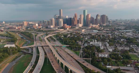 High angle establishing drone shot of downtown Houston. This video was filmed in 4k for best image q