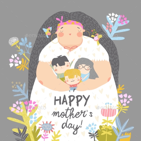 Mother Holding Her Children in Flowers