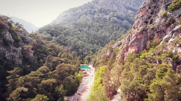 Aerial view of mountain gorge with green forest. 