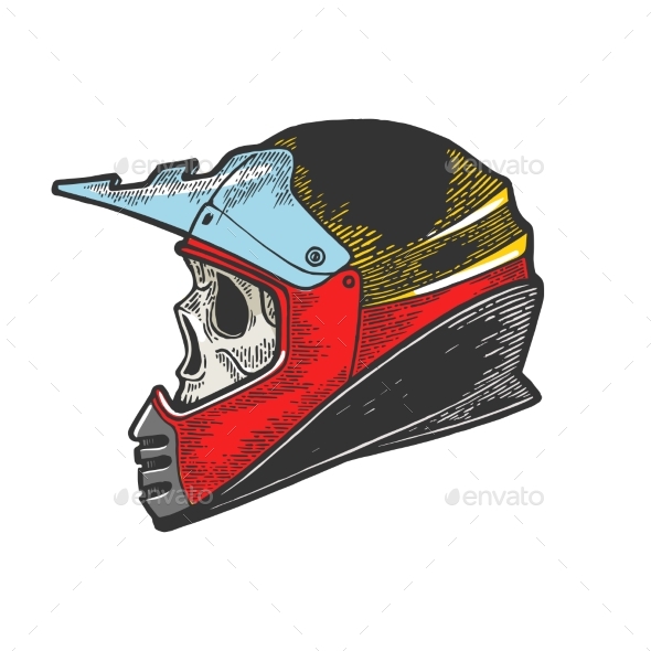 Skull in Motorcycle Helmet Sketch Engraving Vector
