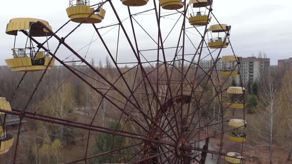 Chernobyl Exclusion Zone. Pripyat. Aerial. Abandoned Ferris Wheel.