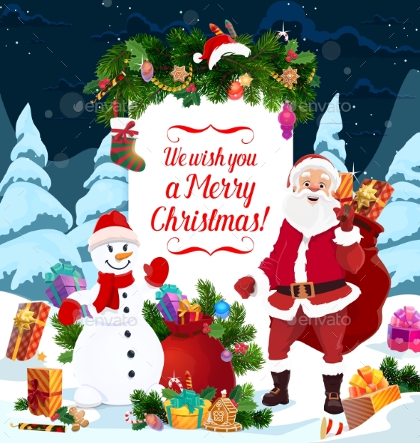 Santa, Snowman and Christmas Gifts. Greeting Card