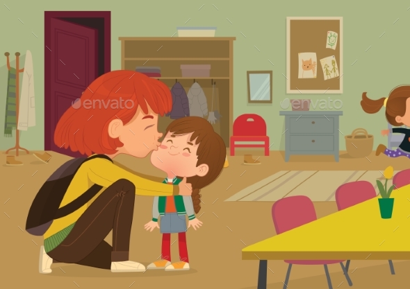 Illustration of a Mother Gives a Goodbye Kiss