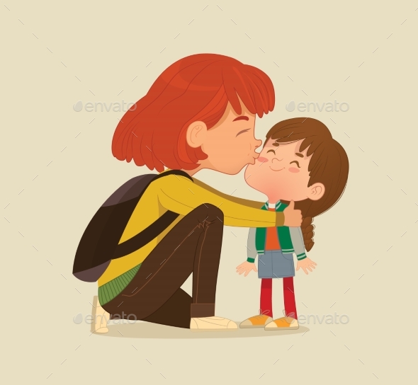 Illustration of a Mother Gives a Goodbye Kiss