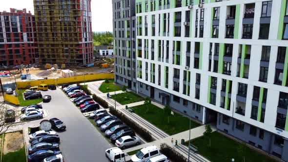 Aerial drone view of a flying over the modern residential building.