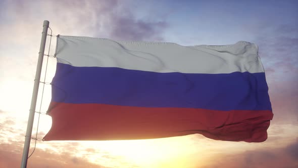 National Flag of Russia Waving in the Wind Against Beautiful Sky