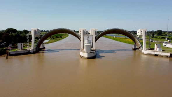 Lock and weir In Dutch River Lek Called Sluice Hagestein, aerial