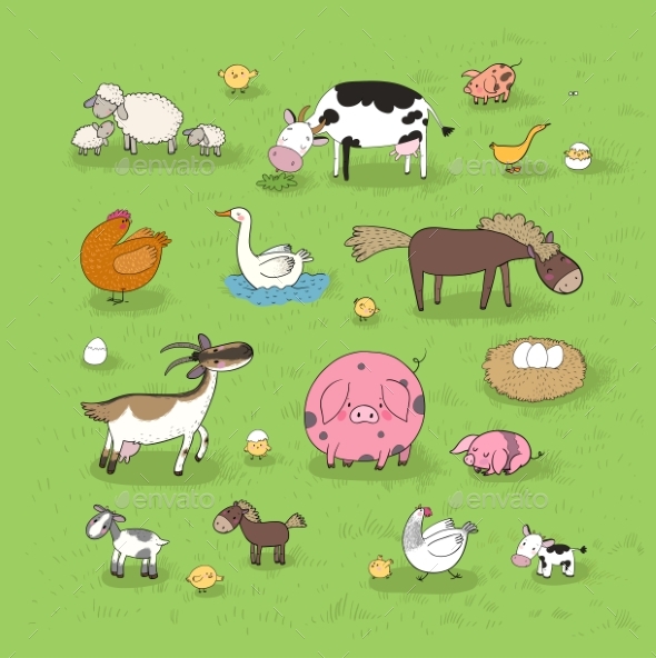Farm Animals. Cute Cartoon Horse, Cow and Goat
