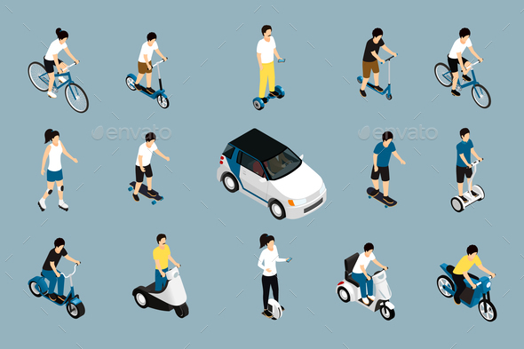 Personal Eco Green Transportation Isometric Icon Set