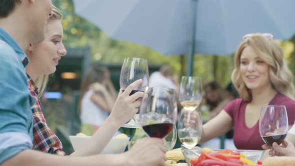 People Cheering With Drinks At Outdoor Dinner Party