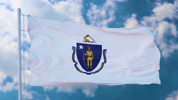 Flag of Massachusetts State Region of the United States Waving at Wind