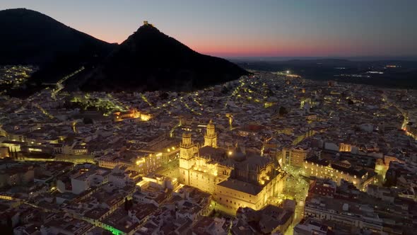 Aerial View of Jaen Cathedral After Sunset