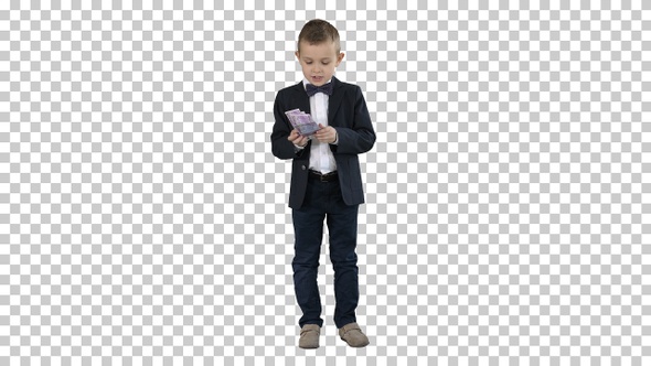 Little Boy In A Suit Counting Money, Alpha Channel