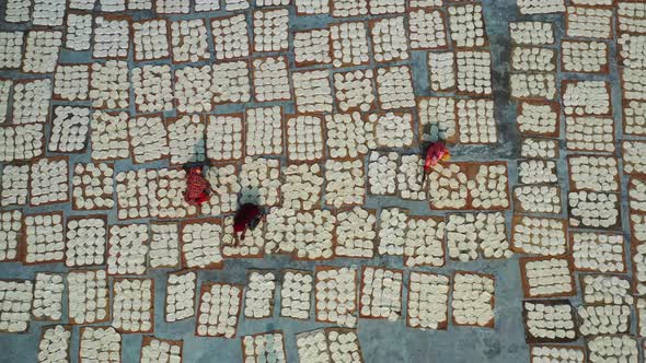 Aerial view of Women at work on the preparation of fiber, Barga, Bangladesh.