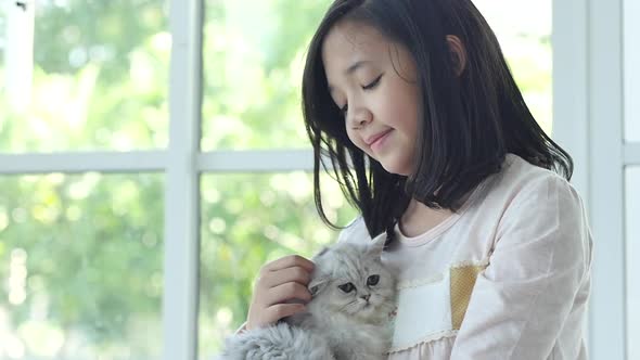 Cute Asian Girl Hugging And Holding Kitten