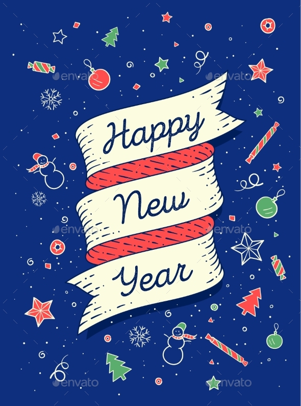 Happy New Year Ribbon Banner in Bright Colorful