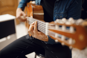 n music store. Assortment in musical instruments shop, musician buying equipment