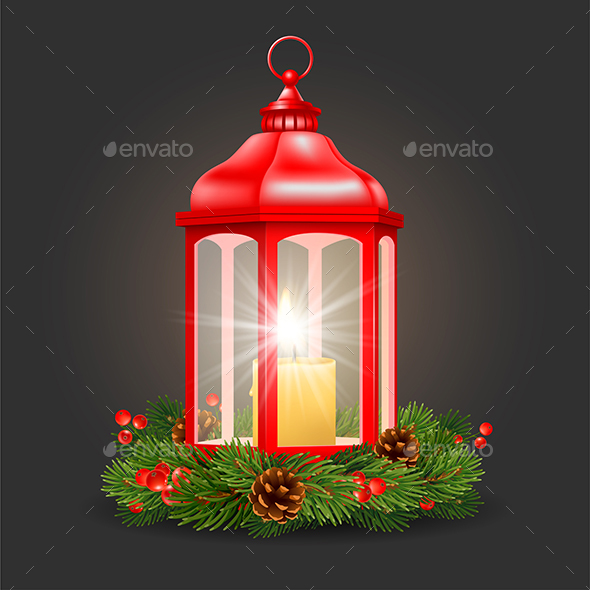 Christmas Lantern With Burning Candle Inside