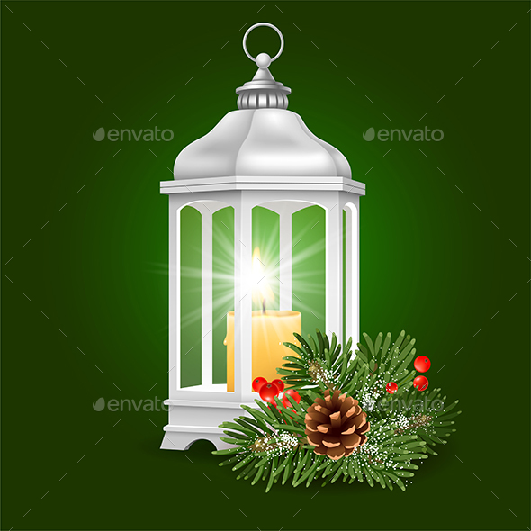 Christmas Lantern With Burning Candle Inside