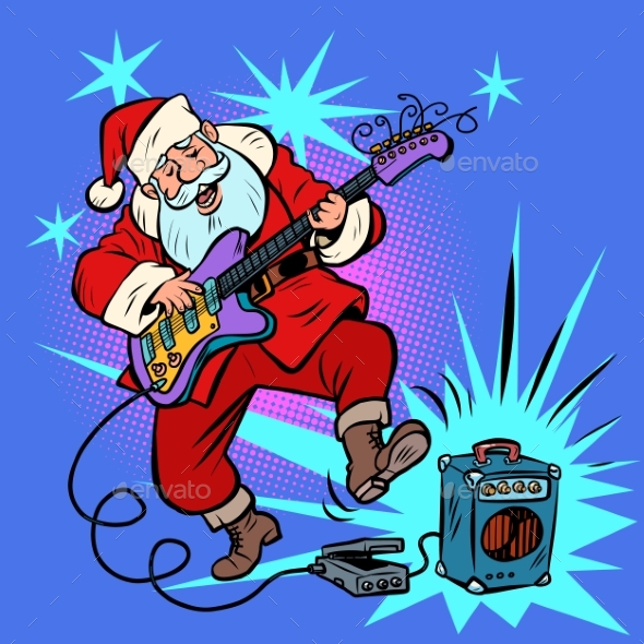 Playing the Electric Guitar Santa Claus Character
